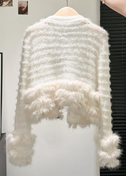 White Hollow Out Pockets Patchwork Knit Coat V Neck