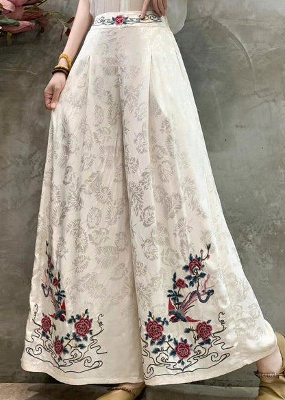 White Jacquard Silk Wide Leg Pants Embroidered Spring