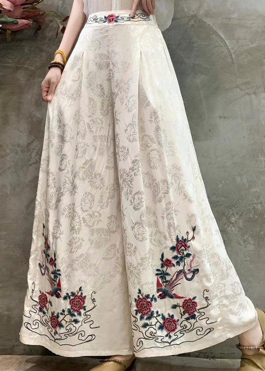 White Jacquard Silk Wide Leg Pants Embroidered Spring