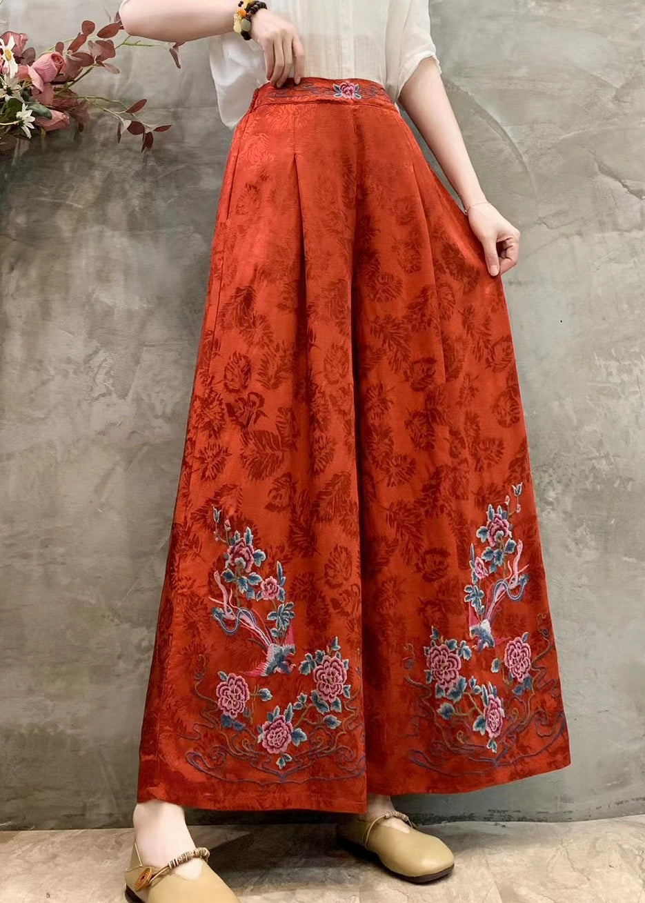 White Jacquard Silk Wide Leg Pants Embroidered Spring