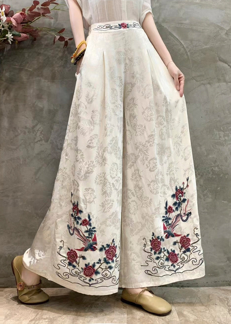 White Jacquard Silk Wide Leg Pants Embroidered Spring