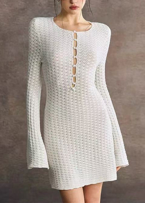 White Knit Dress Cut Out O-Neck Flare Sleeve