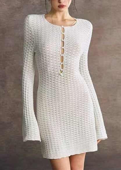 White Knit Dress Cut Out O-Neck Flare Sleeve