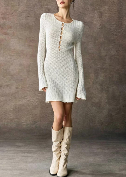 White Knit Dress Cut Out O-Neck Flare Sleeve