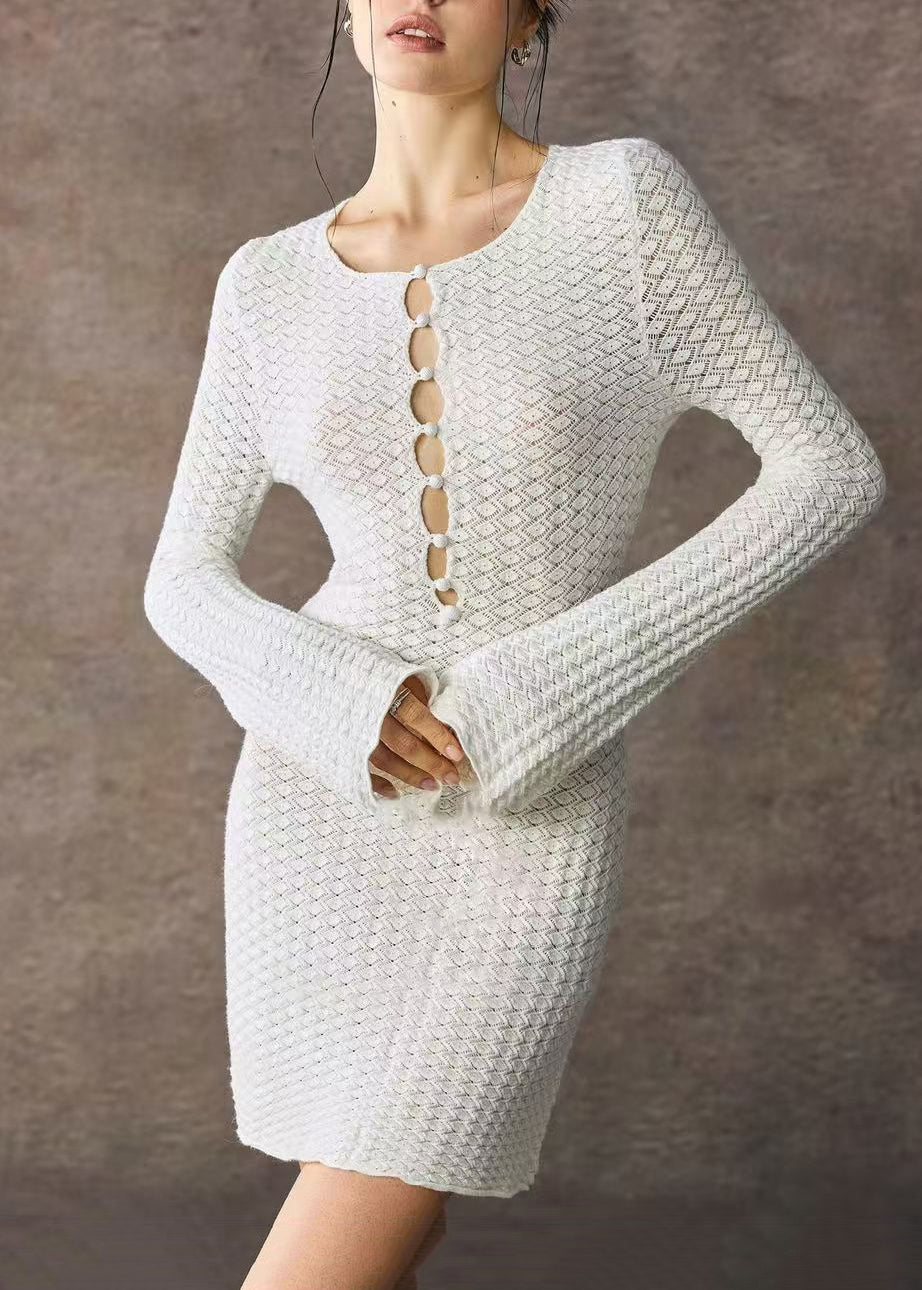 White Knit Dress Cut Out O-Neck Flare Sleeve
