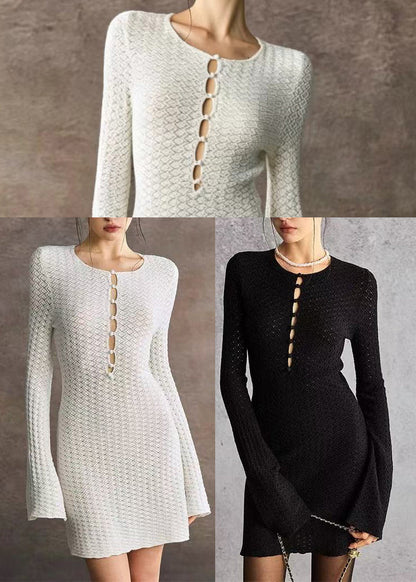 White Knit Dress Cut Out O-Neck Flare Sleeve