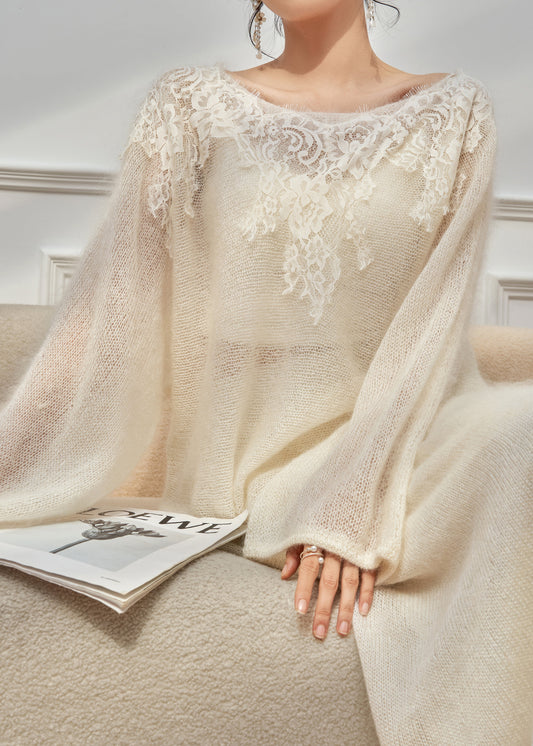 White Lace Patchwork Sweaters And Skirts Knit Two Piece Set O-Neck Fall