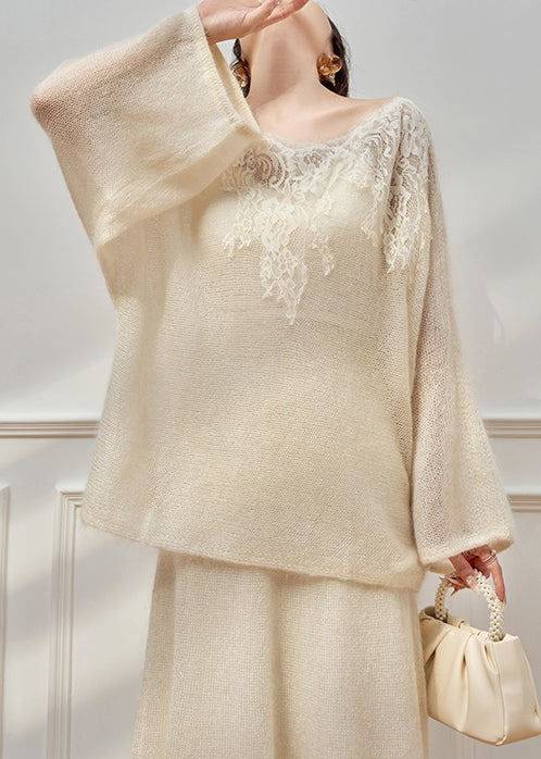 White Lace Patchwork Sweaters And Skirts Knit Two Piece Set O-Neck Fall