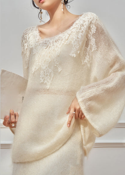 White Lace Patchwork Sweaters And Skirts Knit Two Piece Set O-Neck Fall