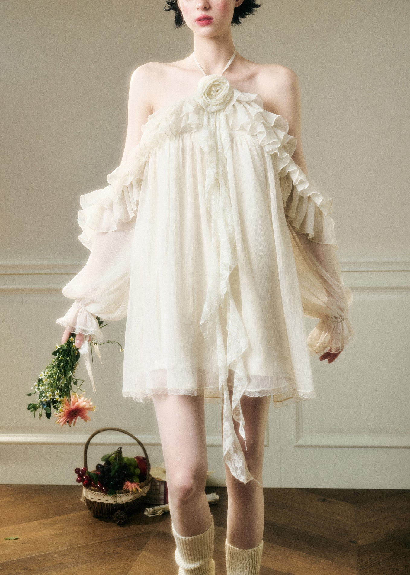 White Lace Up Ruffled Chiffon Party Dress Backless