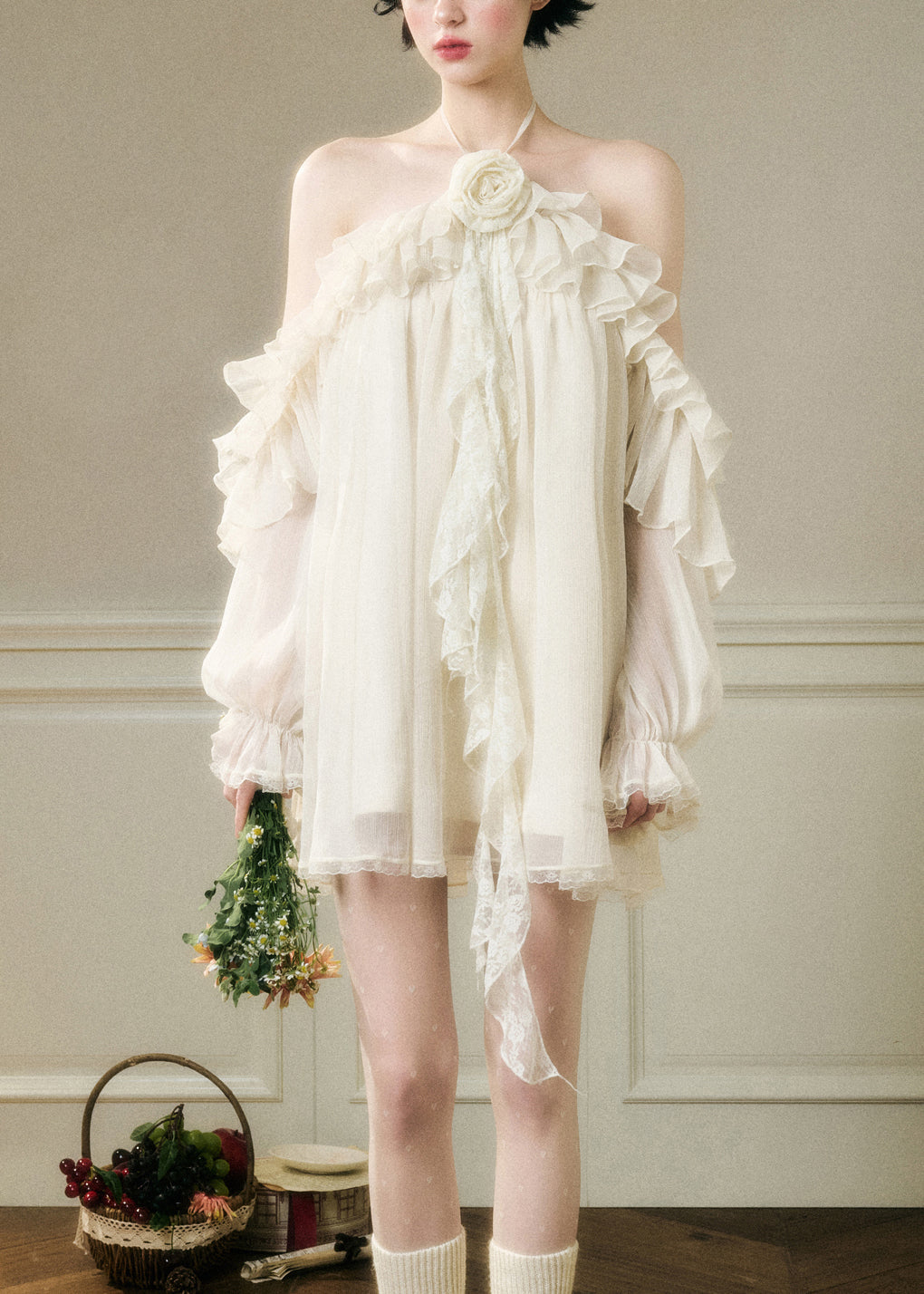 White Lace Up Ruffled Chiffon Party Dress Backless