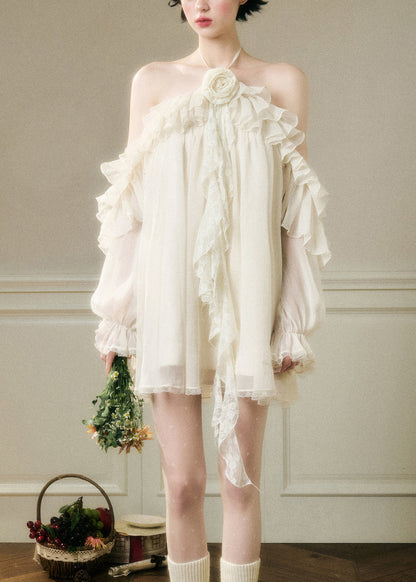 White Lace Up Ruffled Chiffon Party Dress Backless