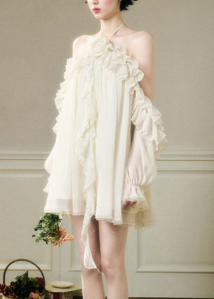 White Lace Up Ruffled Chiffon Party Dress Backless