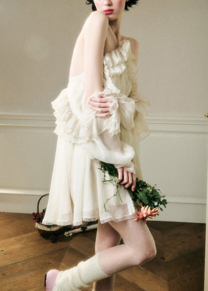 White Lace Up Ruffled Chiffon Party Dress Backless