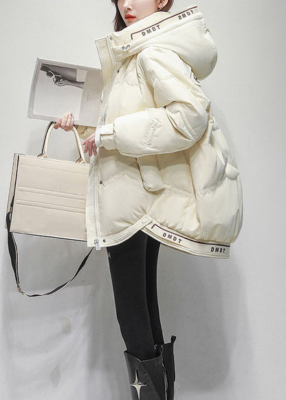 White Letter Drawstring Duck Down Winter Coats Hooded