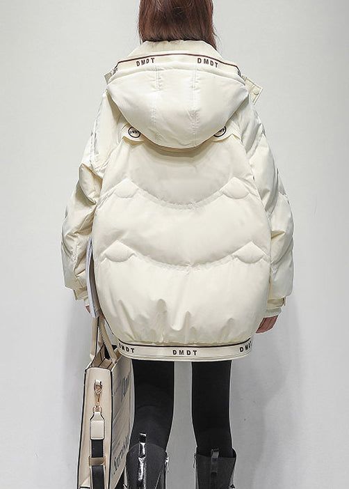White Letter Drawstring Duck Down Winter Coats Hooded