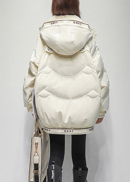 White Letter Drawstring Duck Down Winter Coats Hooded