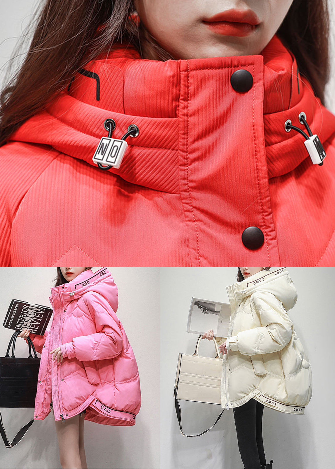 White Letter Drawstring Duck Down Winter Coats Hooded