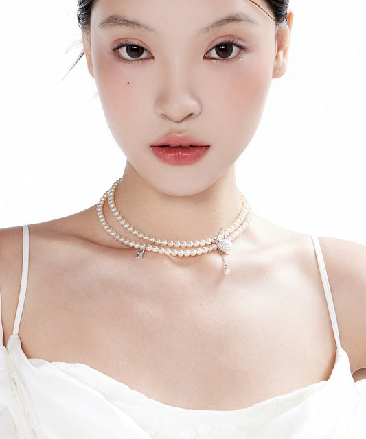 White Light Luxury Swallow Pearl Double Layered Alloy Necklace