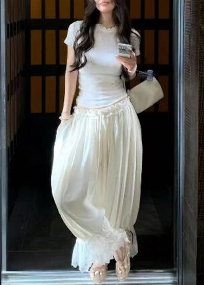 White O-Neck Patchwork T Shirt And Beam Pants Two Piece Set Summer