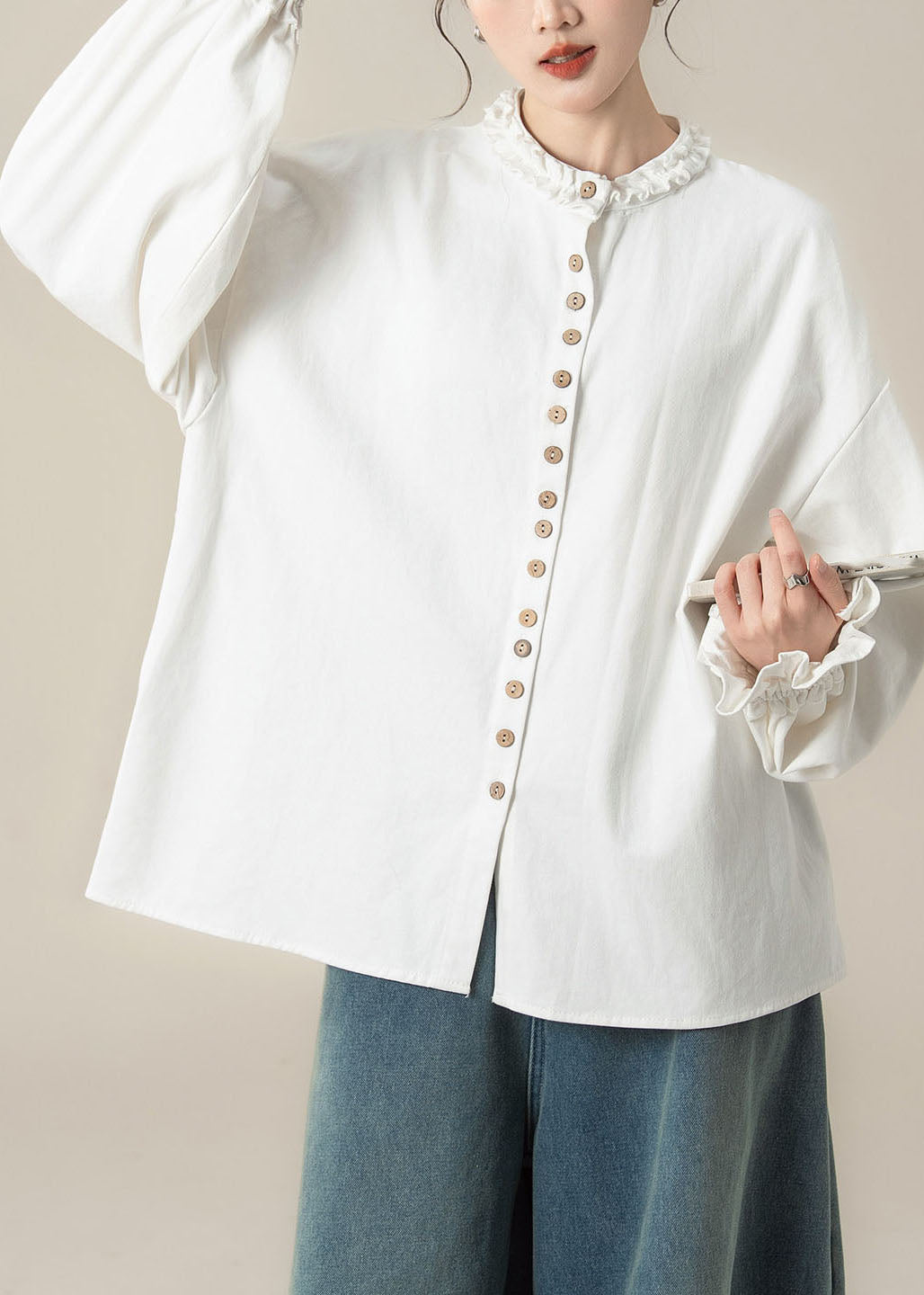 White O-Neck Solid Top Lantern Sleeve