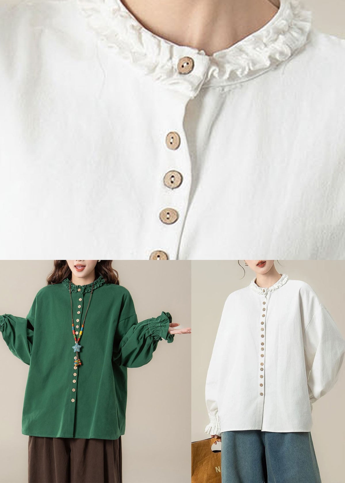 White O-Neck Solid Top Lantern Sleeve