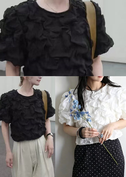 White O-Neck Wrinkled Cotton Shirt Tops Short Sleeve