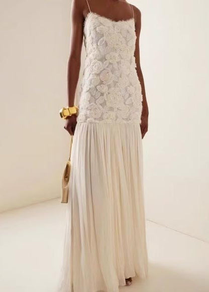 White Patchwork Chiffon Sundress Flowers Decorated Summer