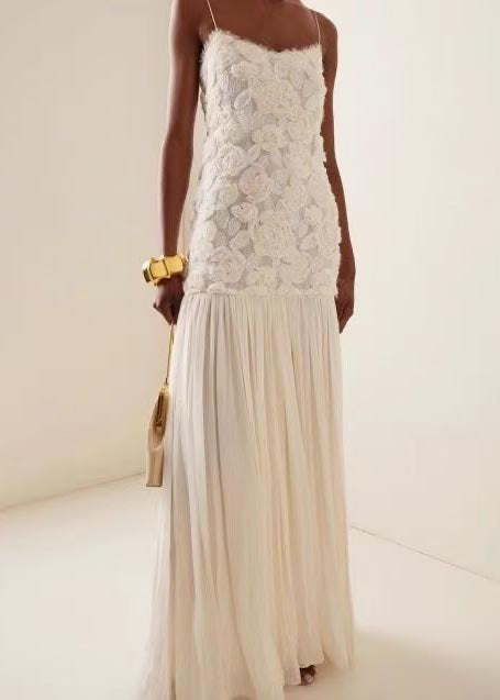 White Patchwork Chiffon Sundress Flowers Decorated Summer