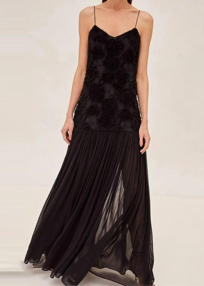 White Patchwork Chiffon Sundress Flowers Decorated Summer