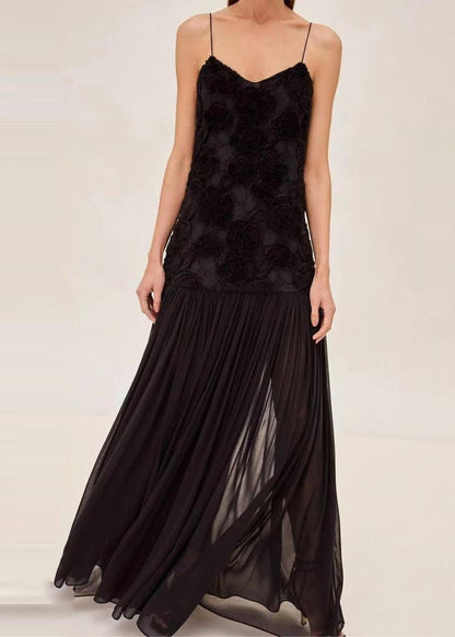 White Patchwork Chiffon Sundress Flowers Decorated Summer