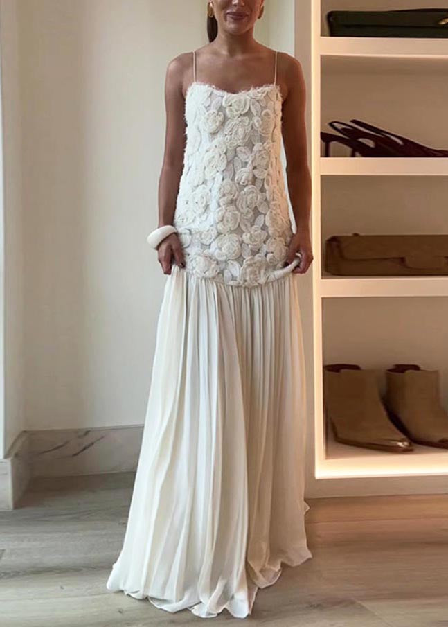 White Patchwork Chiffon Sundress Flowers Decorated Summer