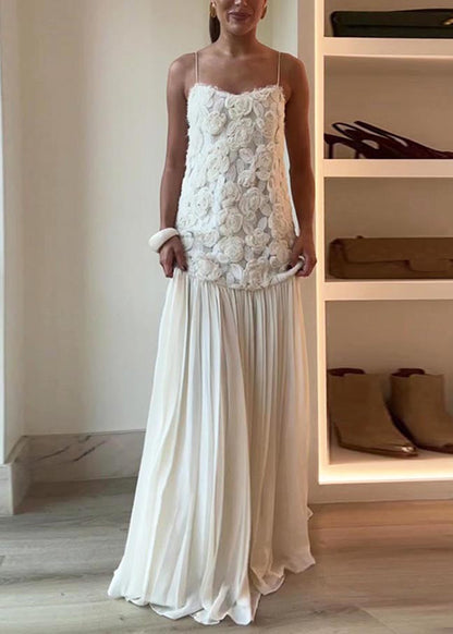 White Patchwork Chiffon Sundress Flowers Decorated Summer