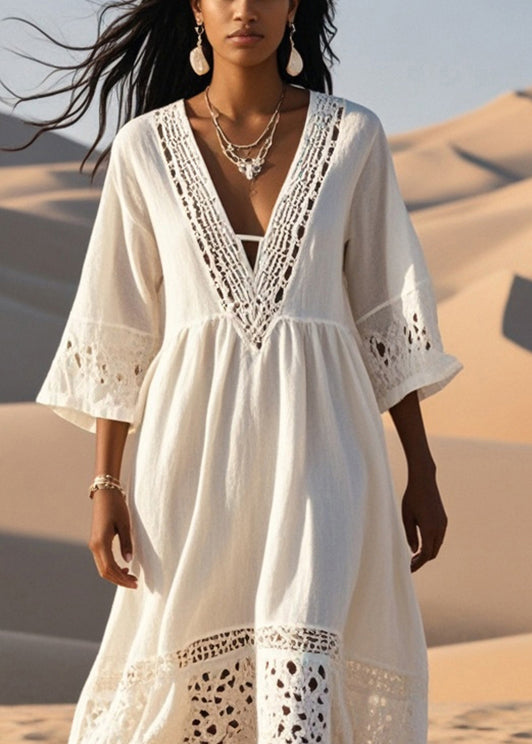 White Patchwork Cotton Long Dress Hollow Out Spring