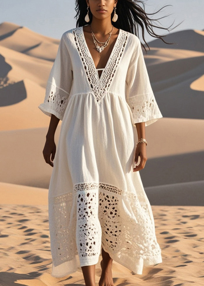 White Patchwork Cotton Long Dress Hollow Out Spring