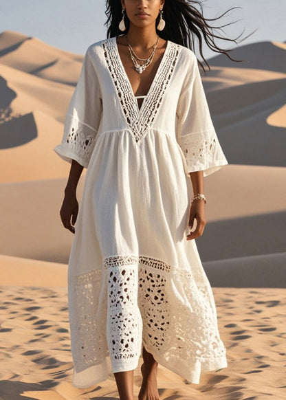 White Patchwork Cotton Long Dress Hollow Out Spring