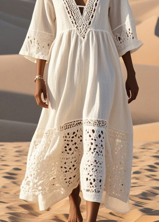 White Patchwork Cotton Long Dress Hollow Out Spring