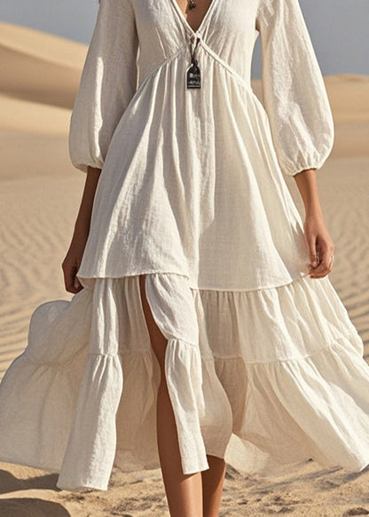 White Patchwork Cotton Maxi Dress Side Open Bracelet Sleeve