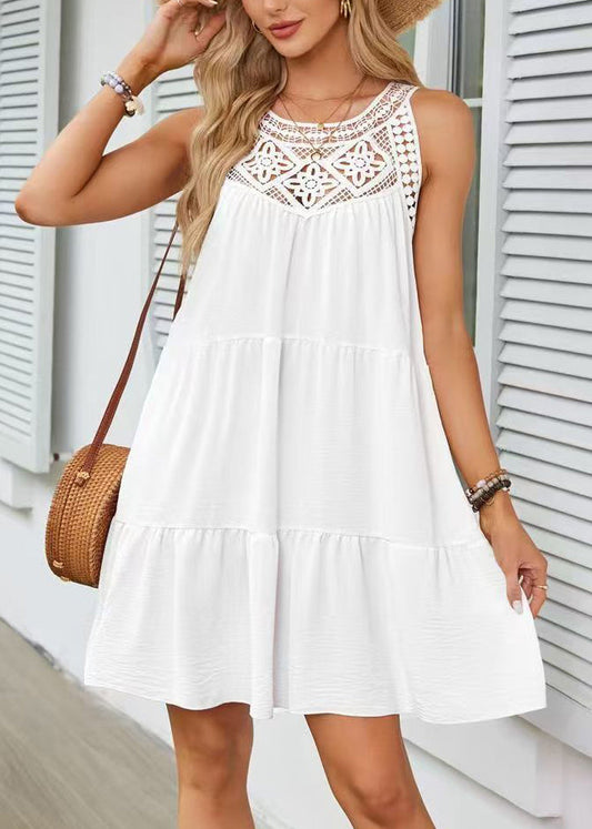 White Patchwork Cotton Mid Dress Hollow Out Sleeveless