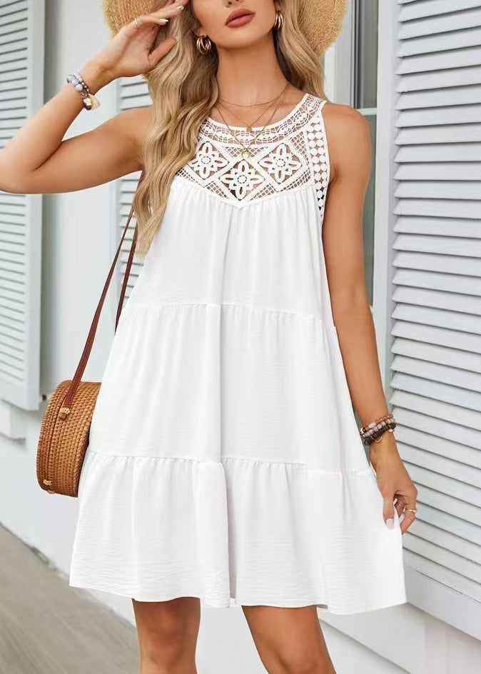 White Patchwork Cotton Mid Dress Hollow Out Sleeveless