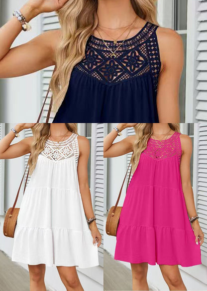 White Patchwork Cotton Mid Dress Hollow Out Sleeveless