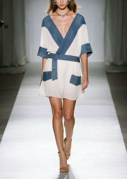 White Patchwork Denim Chiffon Mini Dresses V Neck Summer