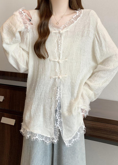 White Patchwork Eyelash Knit Loose Cardigan Chinese Button Fall