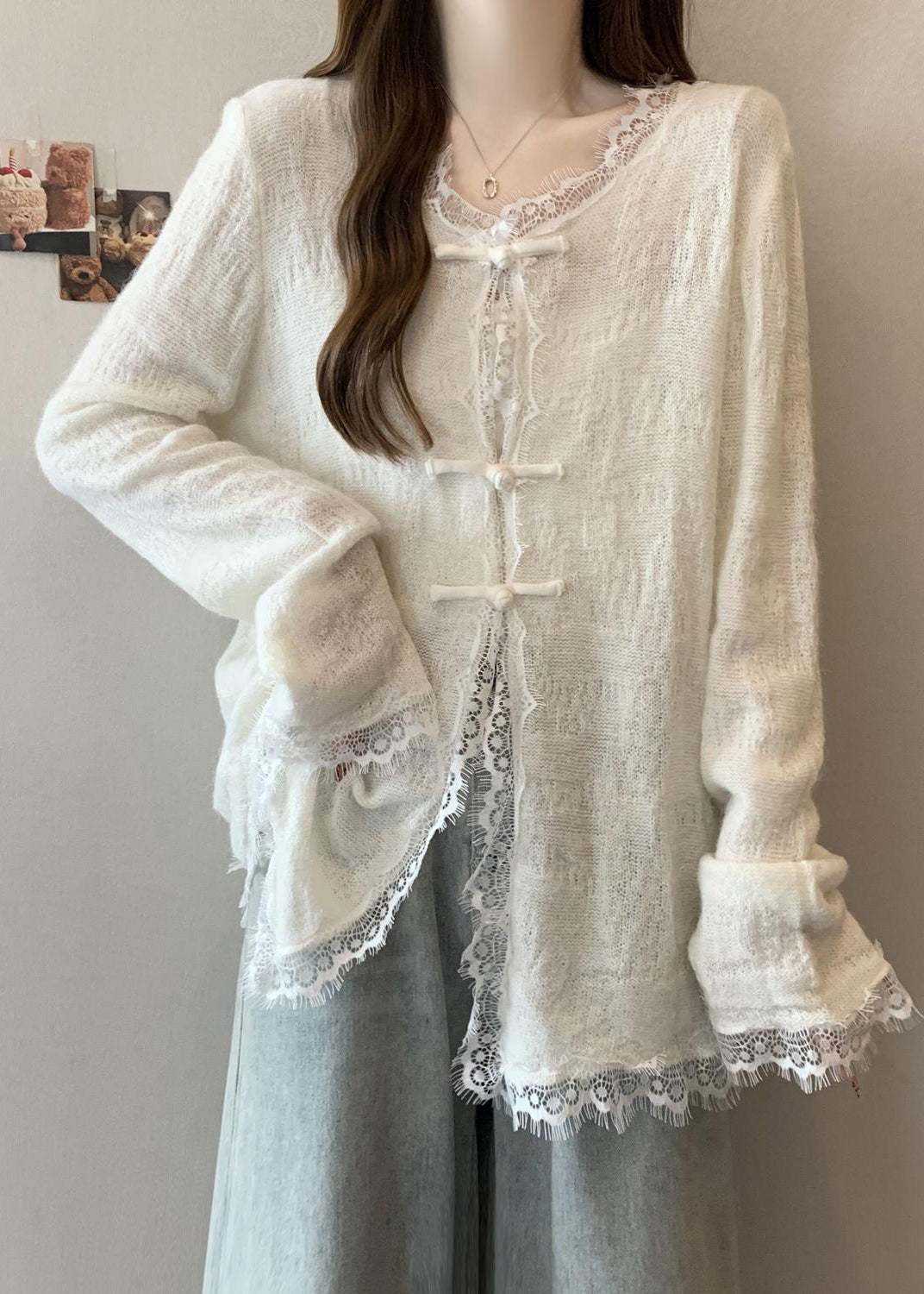 White Patchwork Eyelash Knit Loose Cardigan Chinese Button Fall