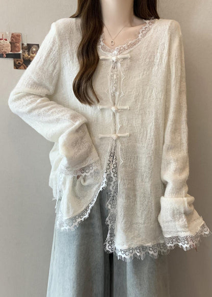 White Patchwork Eyelash Knit Loose Cardigan Chinese Button Fall
