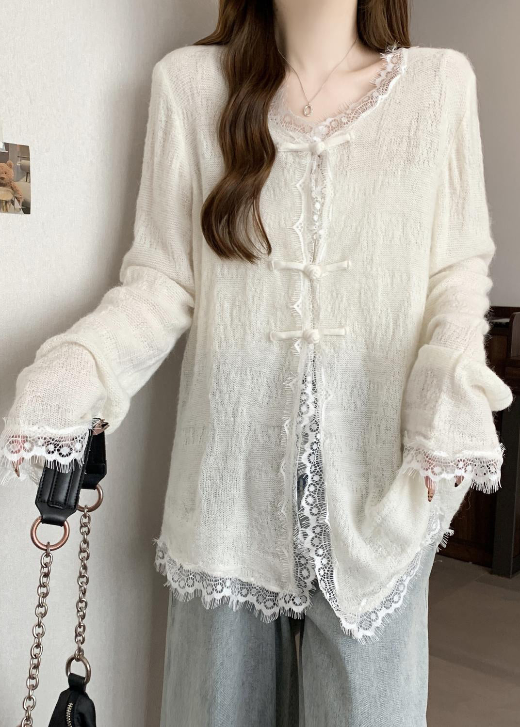 White Patchwork Eyelash Knit Loose Cardigan Chinese Button Fall