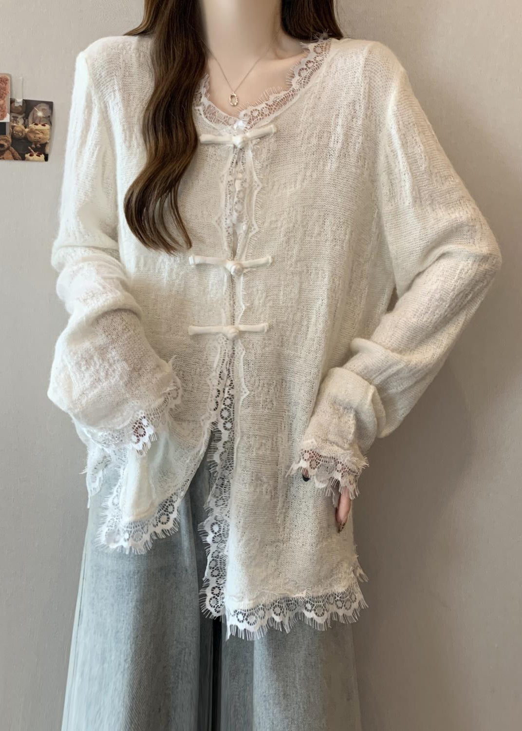 White Patchwork Eyelash Knit Loose Cardigan Chinese Button Fall