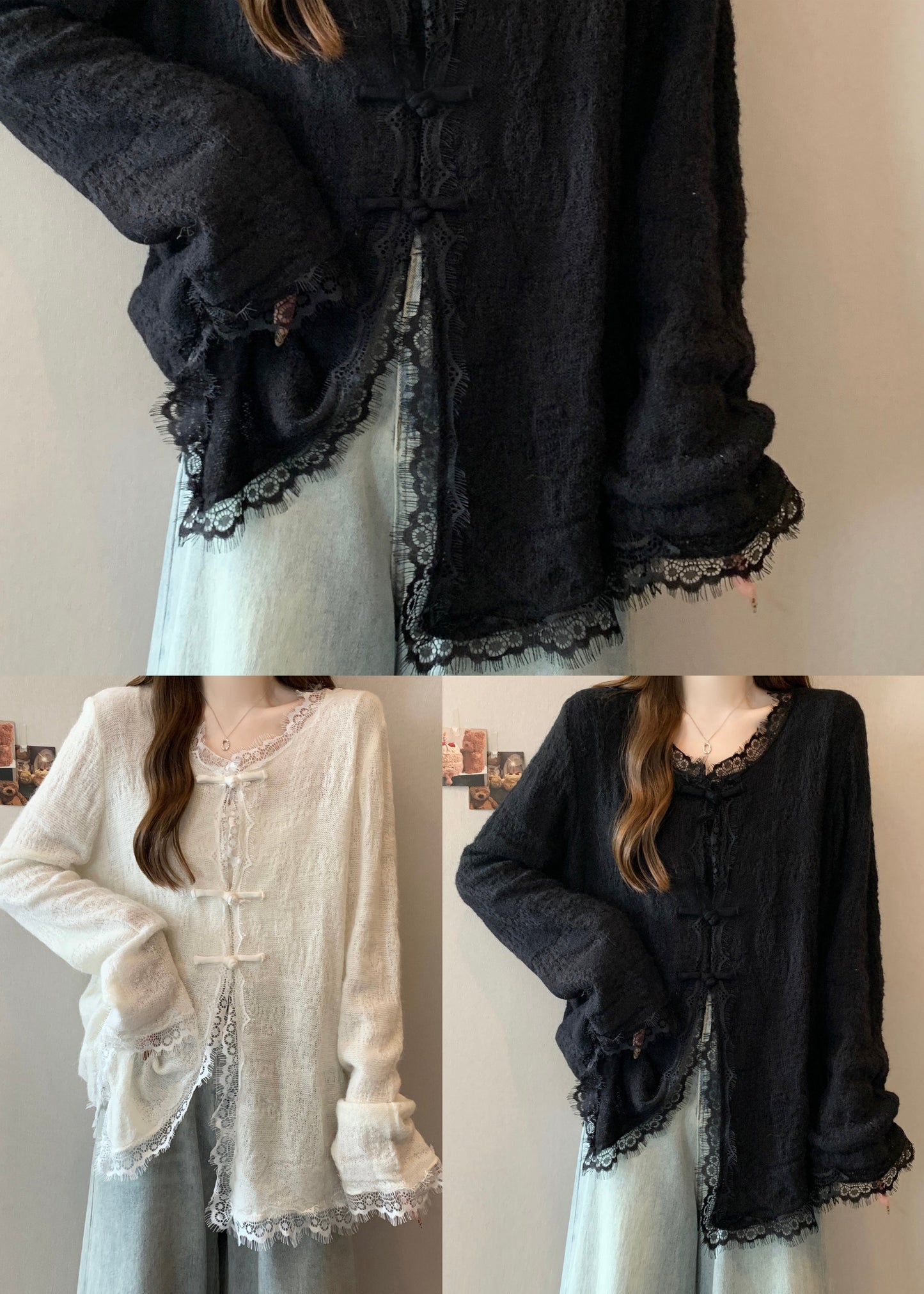 White Patchwork Eyelash Knit Loose Cardigan Chinese Button Fall