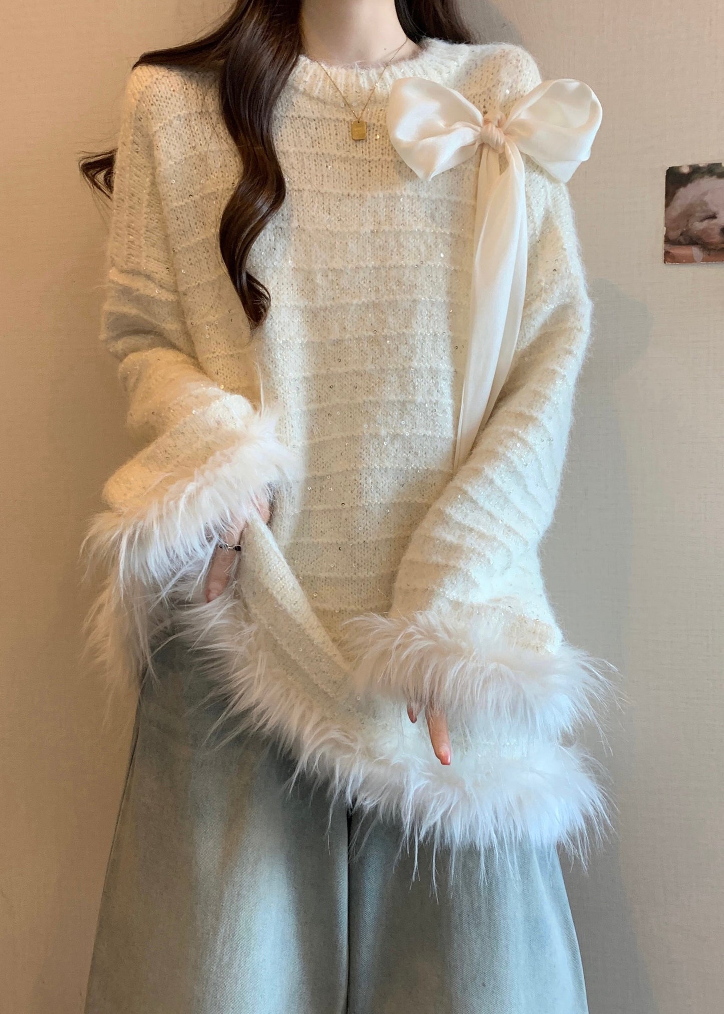 White Patchwork Faux Fur Knit Trendy Sweaters Oversized Fall