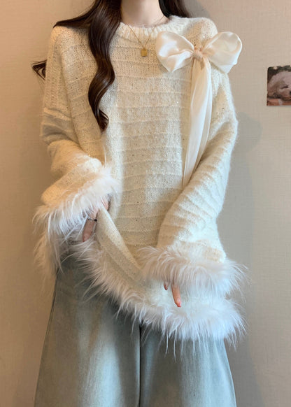 White Patchwork Faux Fur Knit Trendy Sweaters Oversized Fall